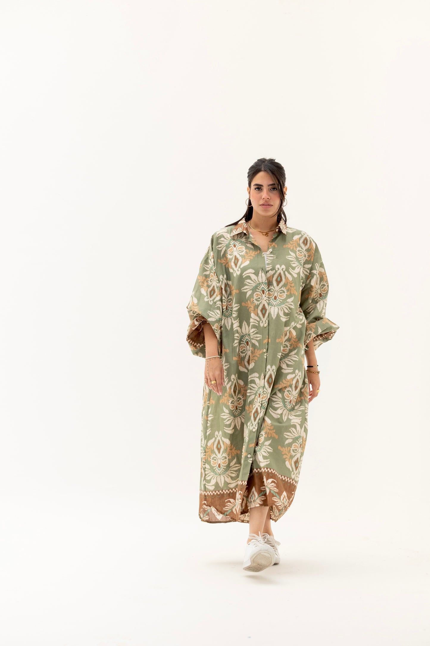 Olive floral shirt dress