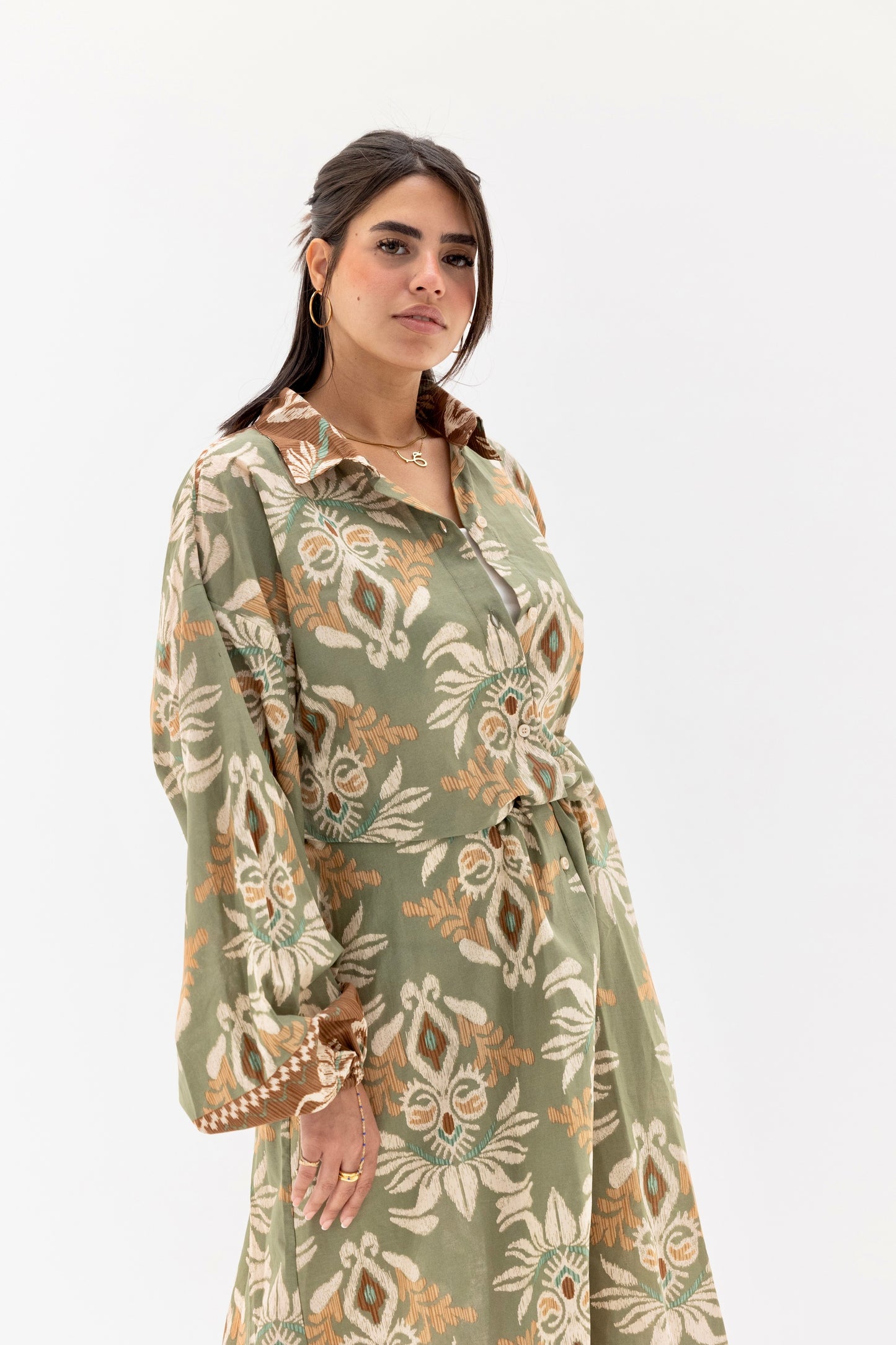Olive floral shirt dress