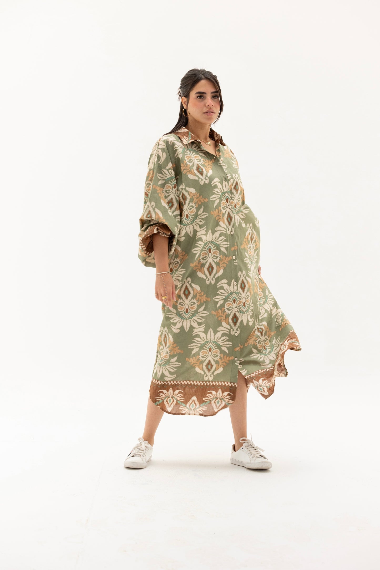 Olive floral shirt dress
