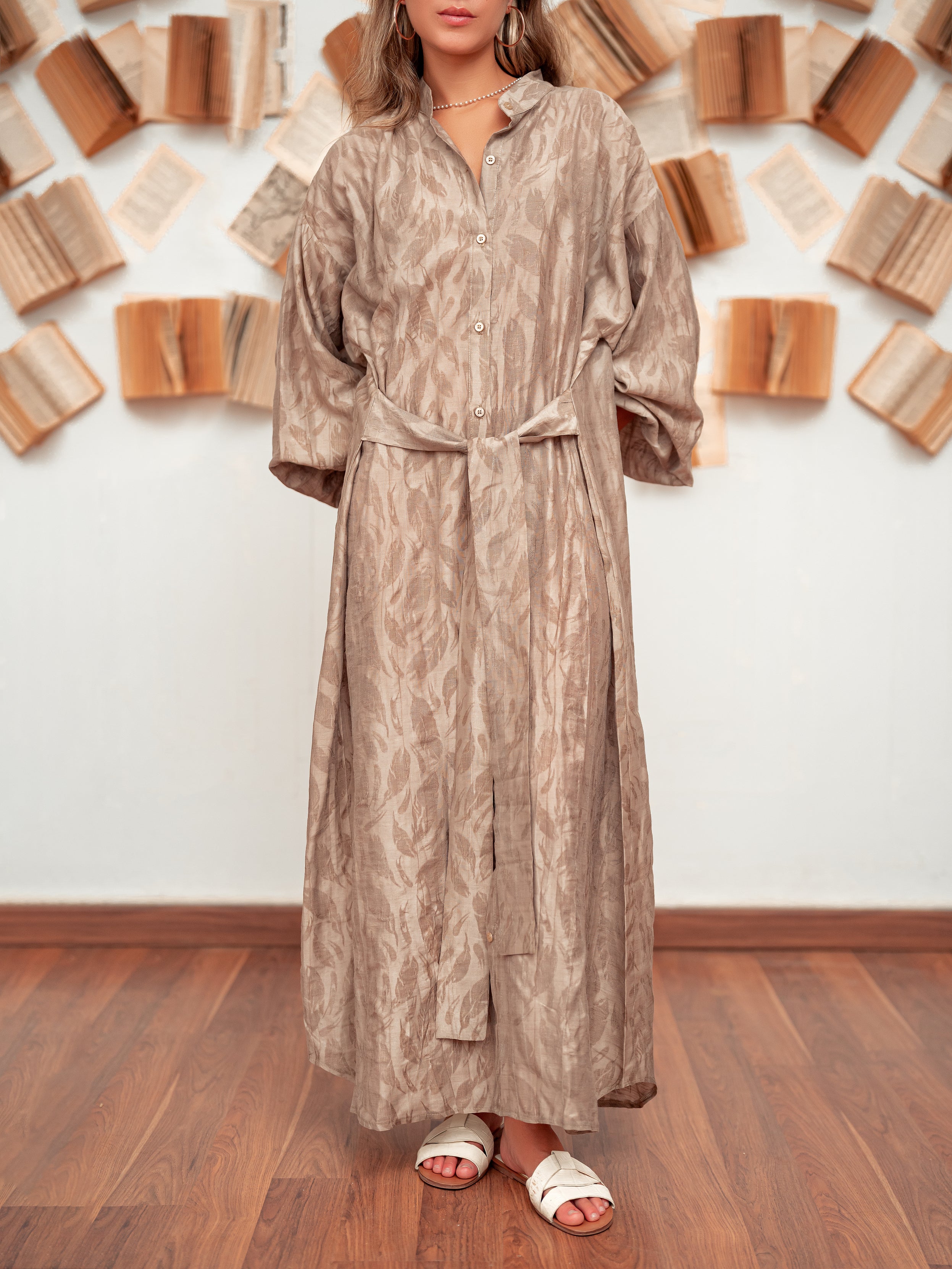 Belted Shirt Dress-Baige
