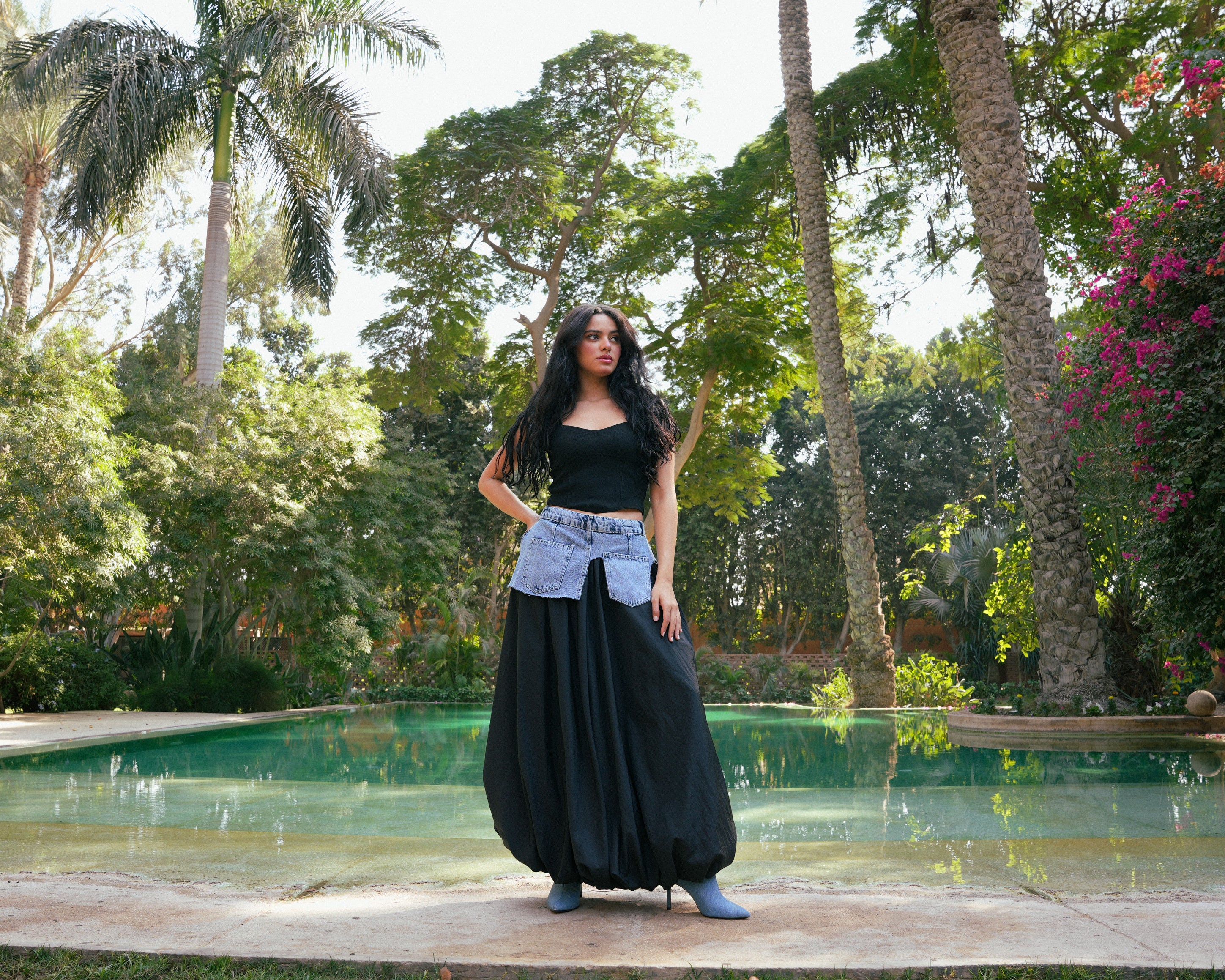 Denim Belted Long Skirt -Black