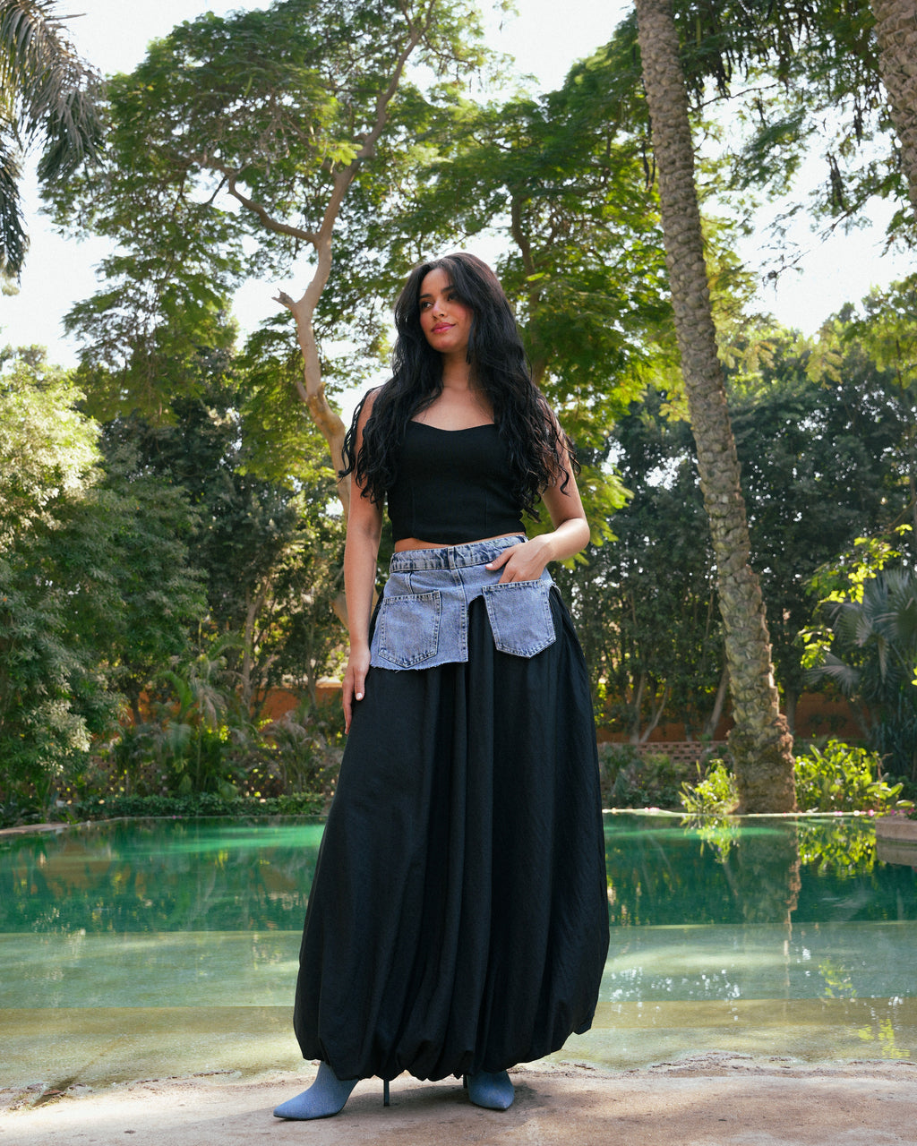 Denim Belted Long Skirt -Black