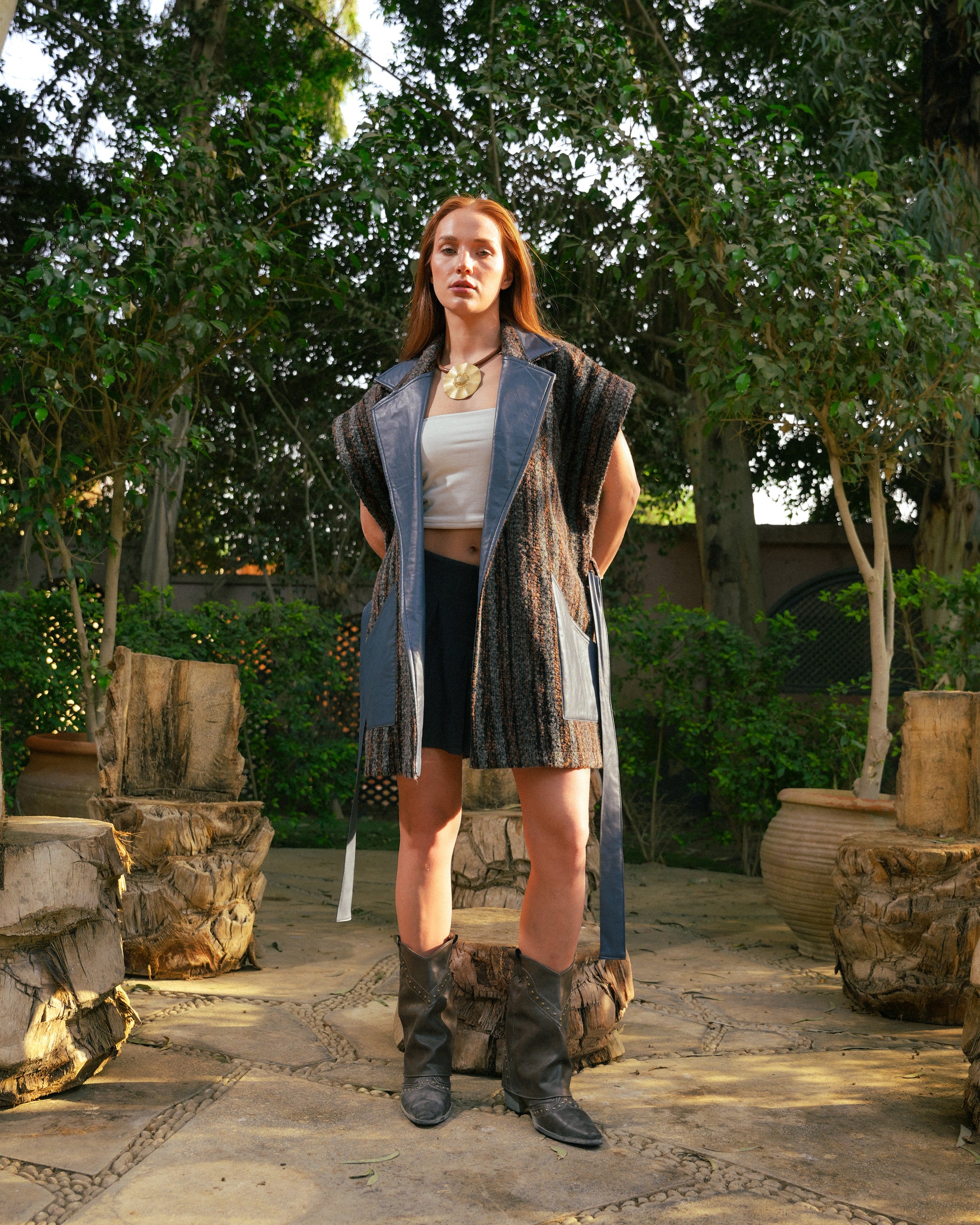 Leather-Trim Wool Vest