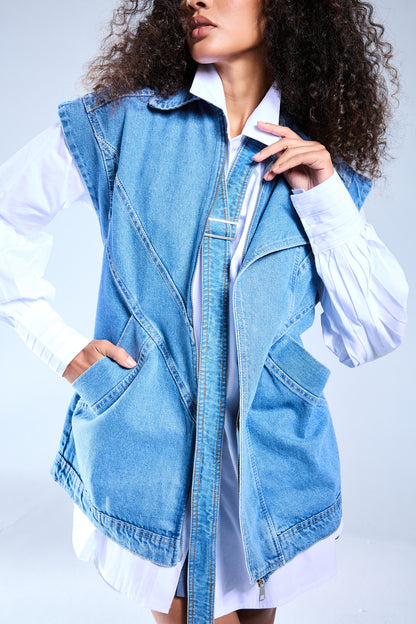 Belted Denim Vest - Blue