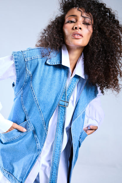 Belted Denim Vest - Blue