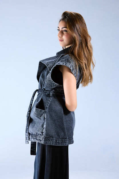 Belted Denim Vest - Grey