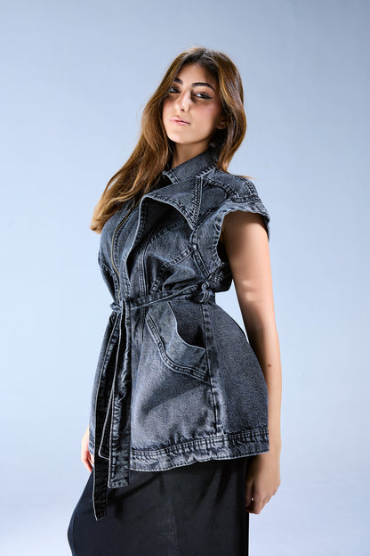 Belted Denim Vest - Grey