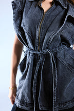Belted Denim Vest - Grey