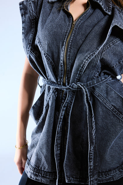 Belted Denim Vest - Grey