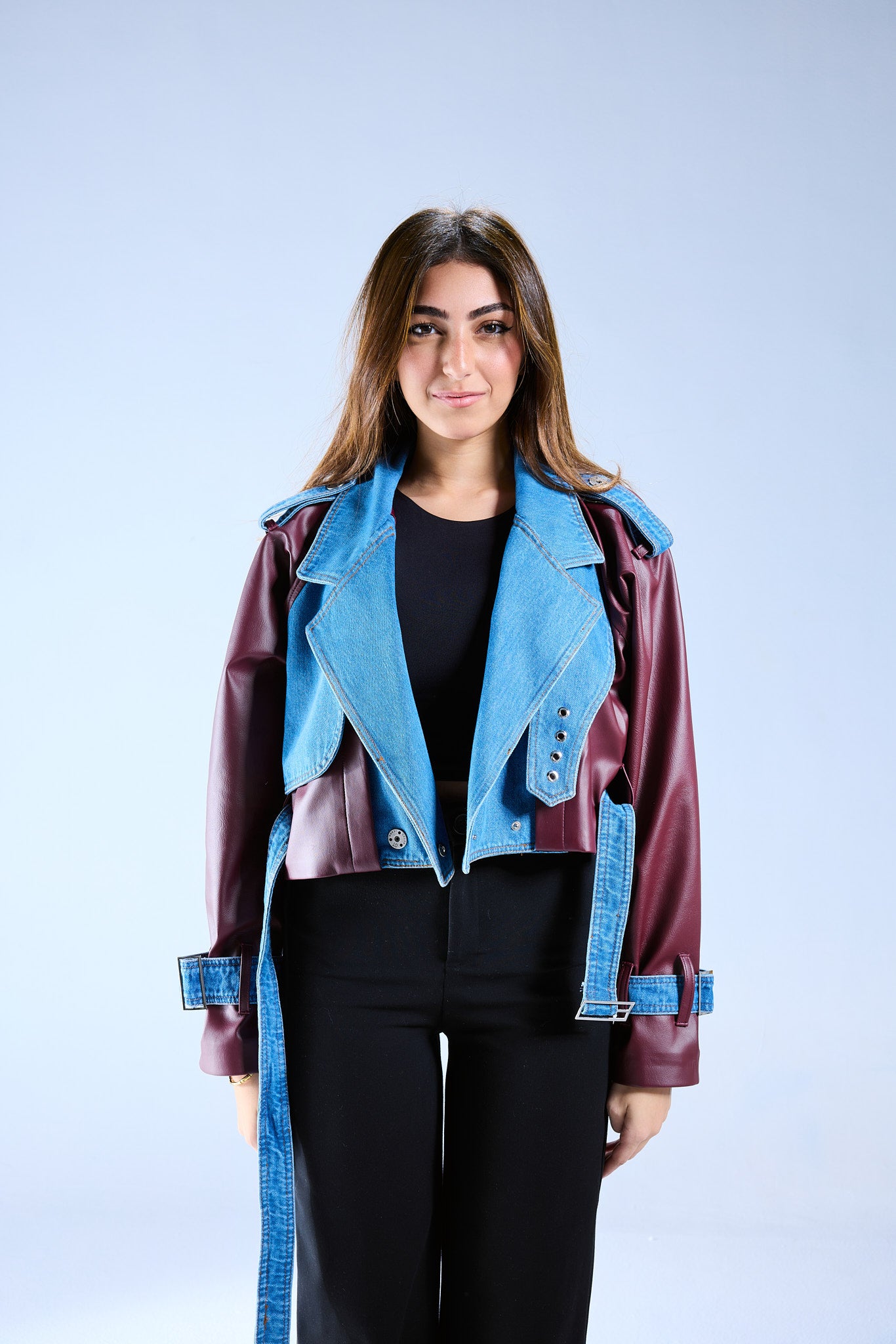 Leather Jeans Combo Jacket - Burgundy