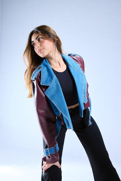 Leather Jeans Combo Jacket - Burgundy