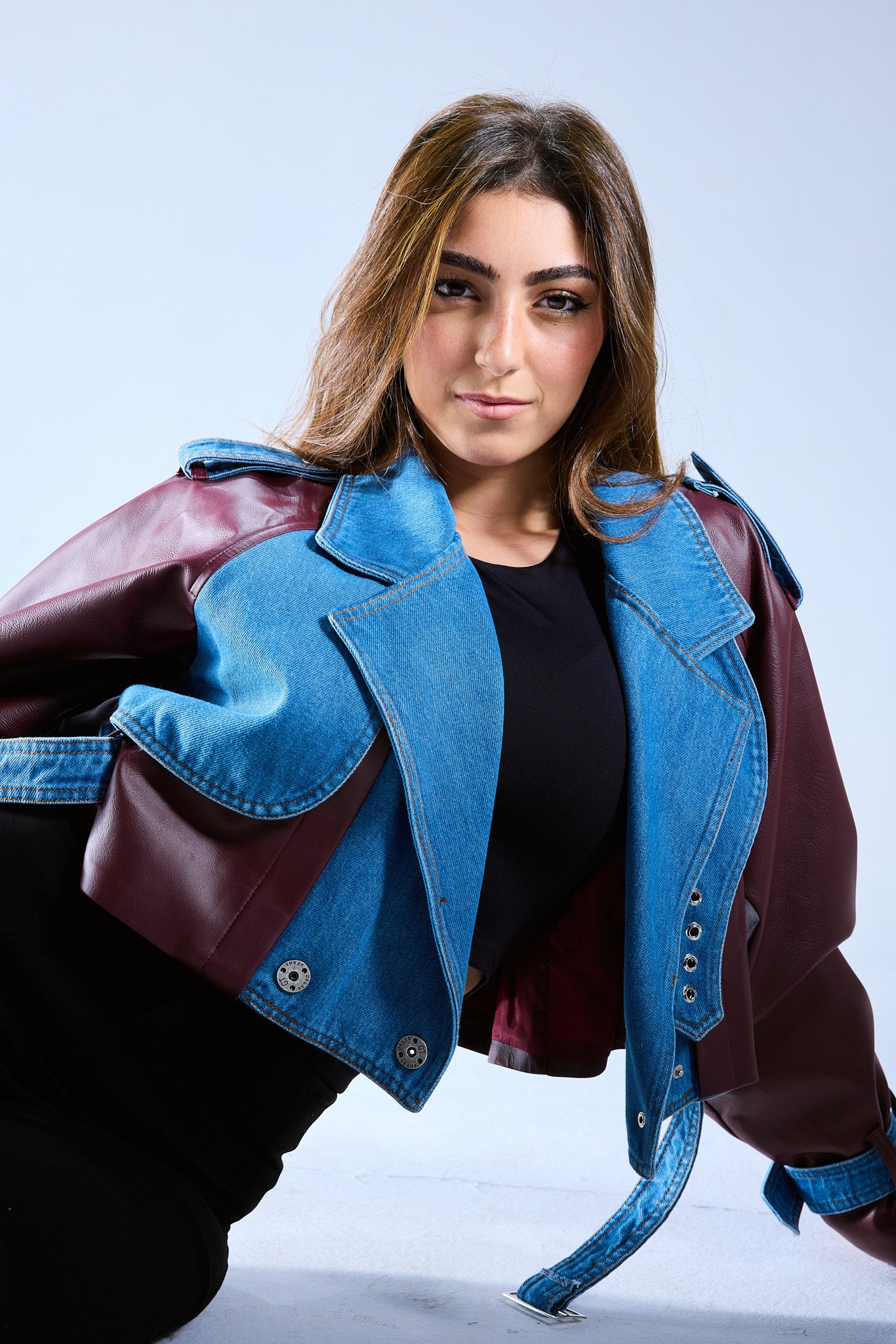 Leather Jeans Combo Jacket - Burgundy