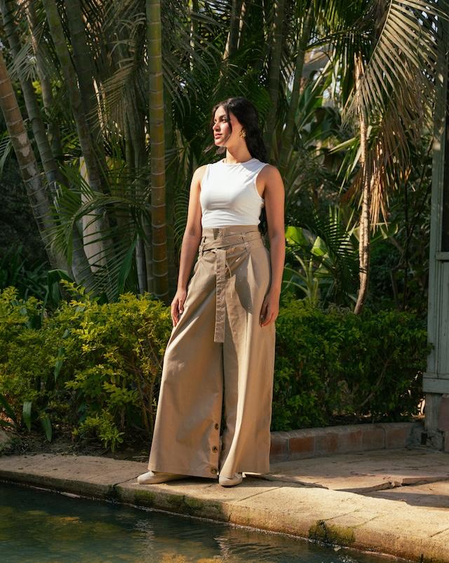 Wide-leg Belt Trousers - Beige