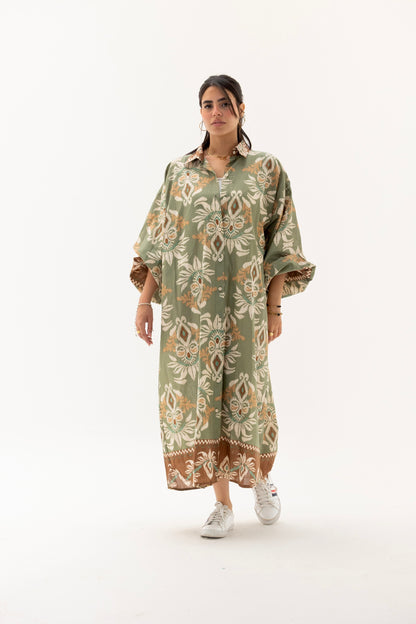Olive floral shirt dress