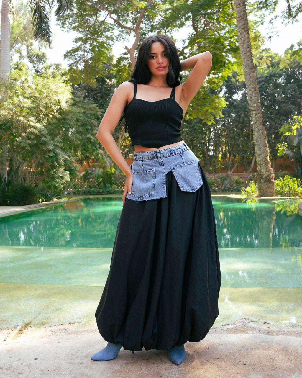 Denim Belted Long Skirt -Black