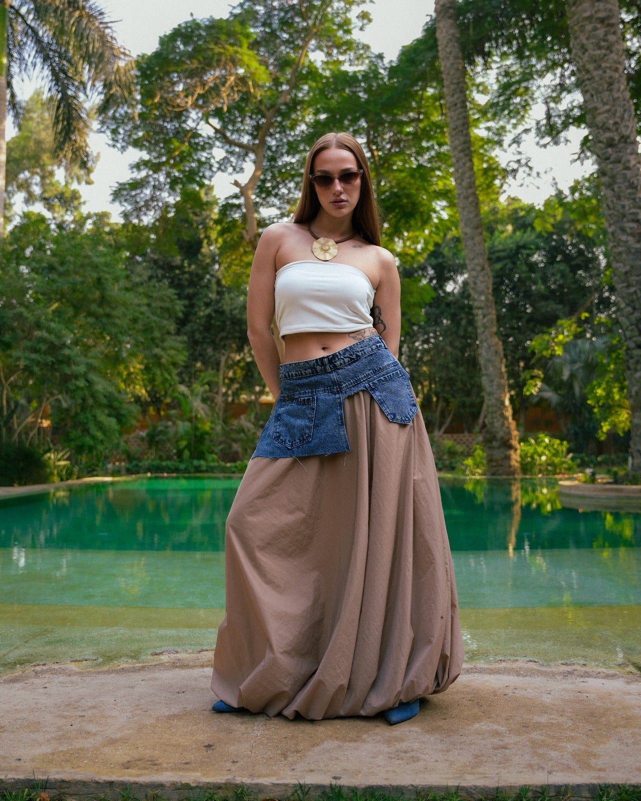 Denim Belted Long Skirt Beige