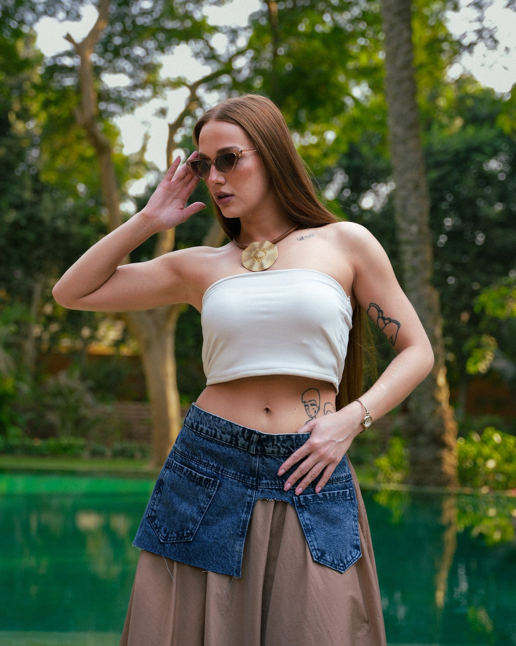 Denim Belted Long Skirt Beige