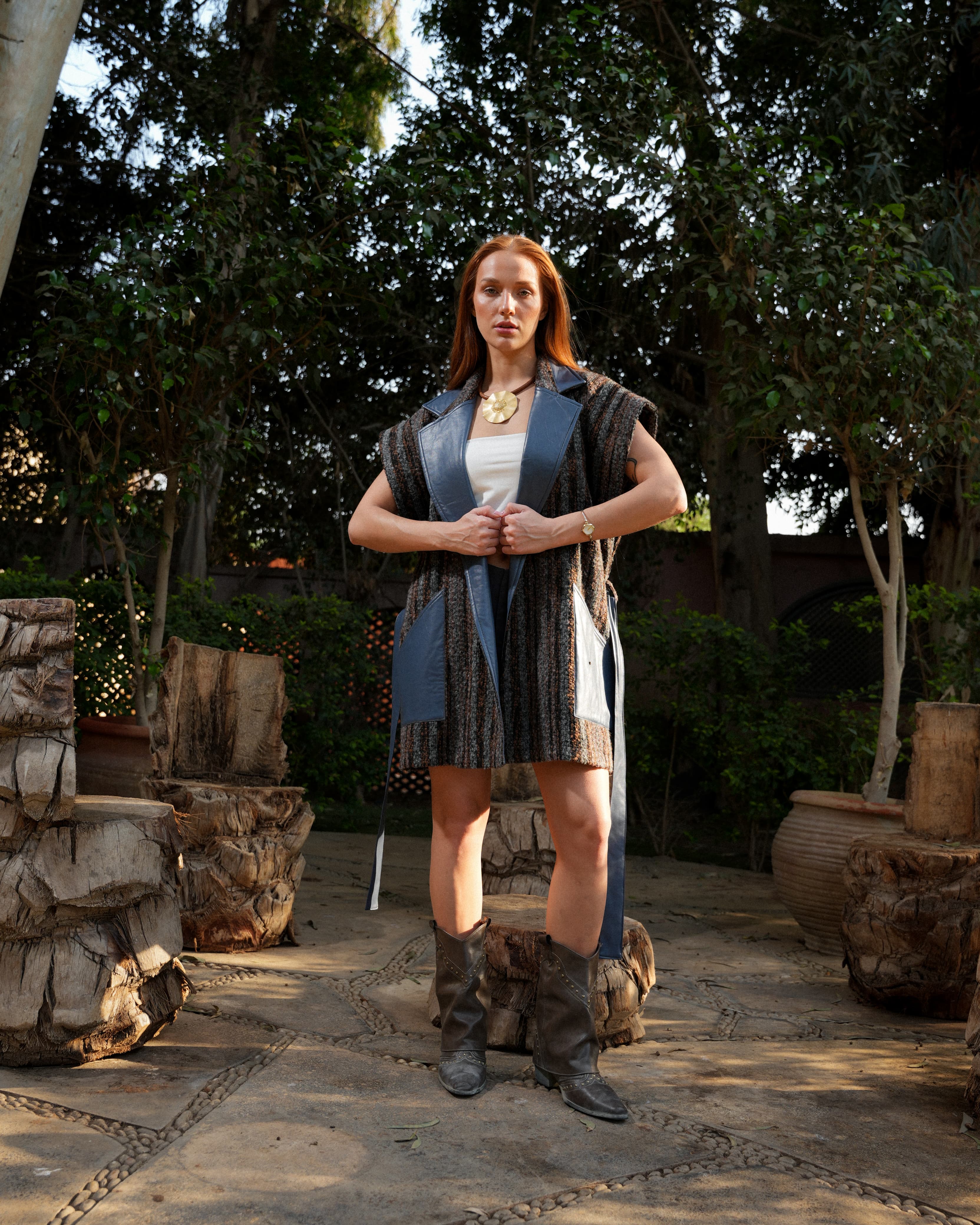 Leather-Trim Wool Vest