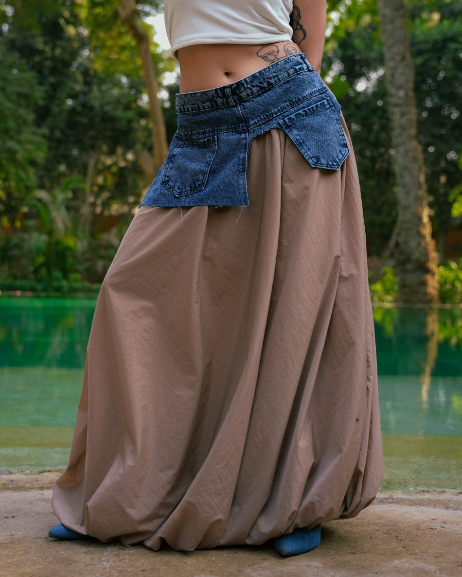 Denim Belted Long Skirt Beige