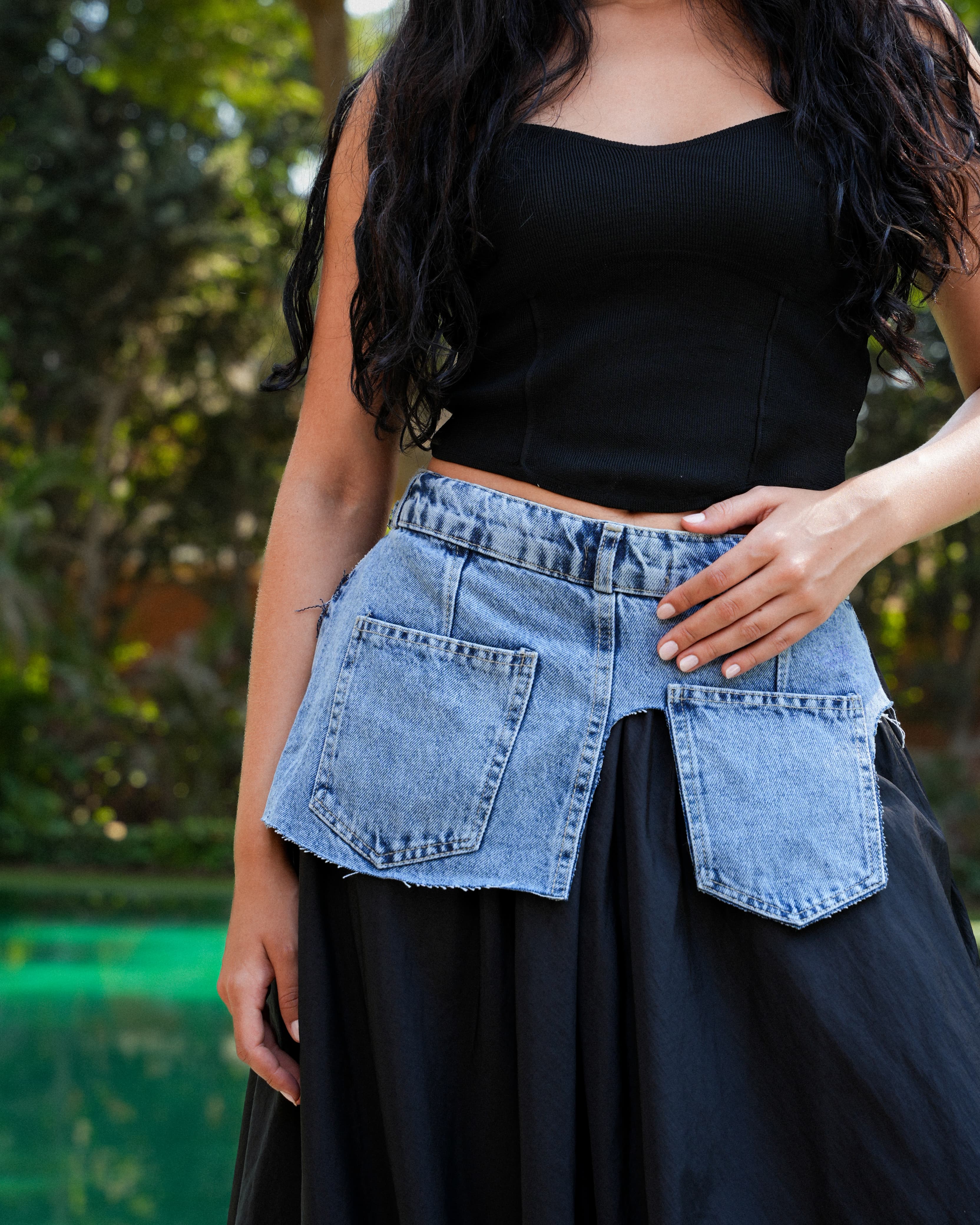 Denim Belted Long Skirt -Black