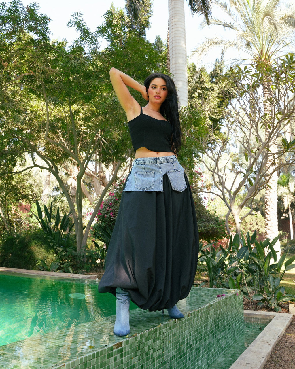 Denim Belted Long Skirt -Black