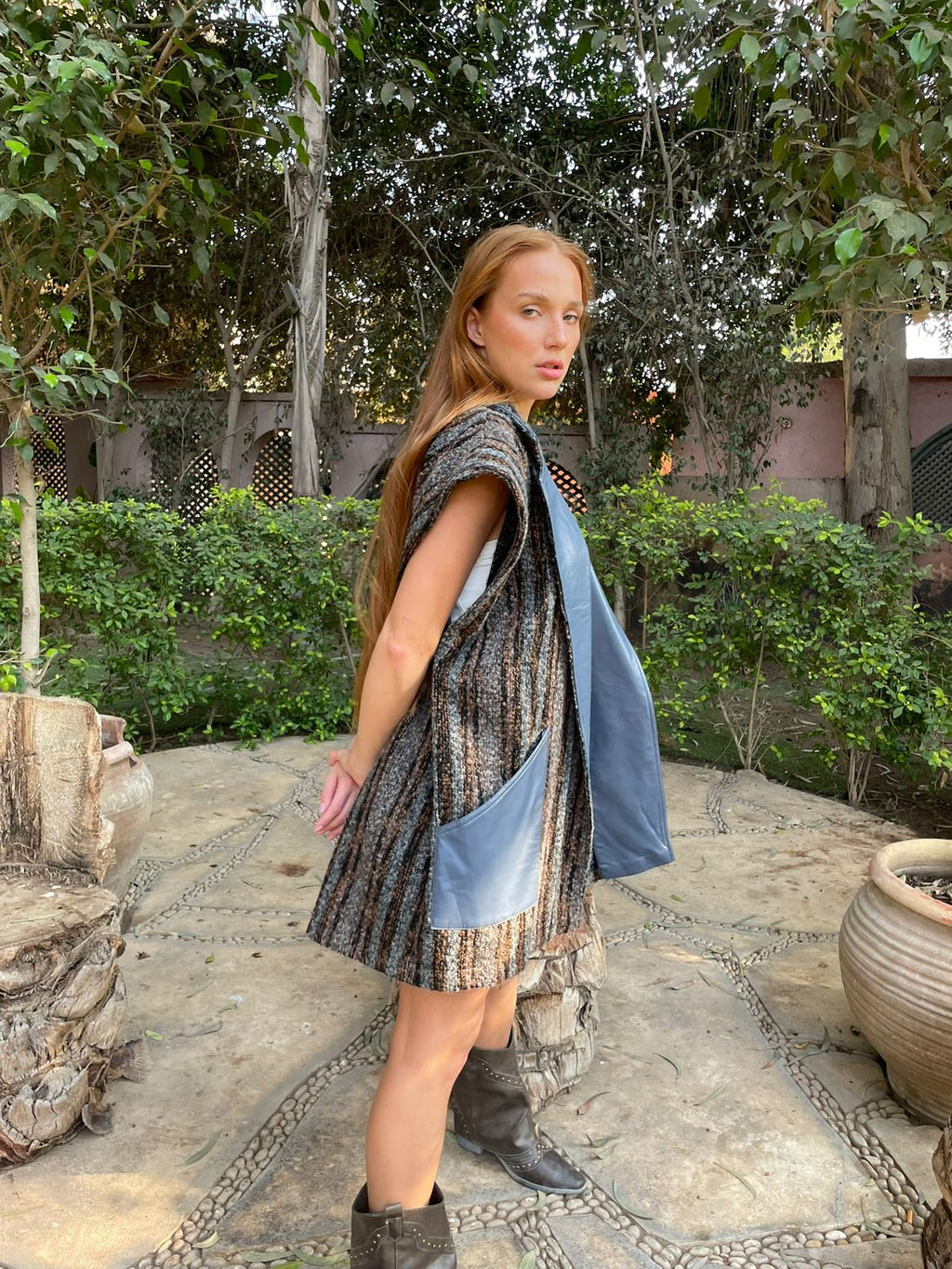 Leather-Trim Wool Vest