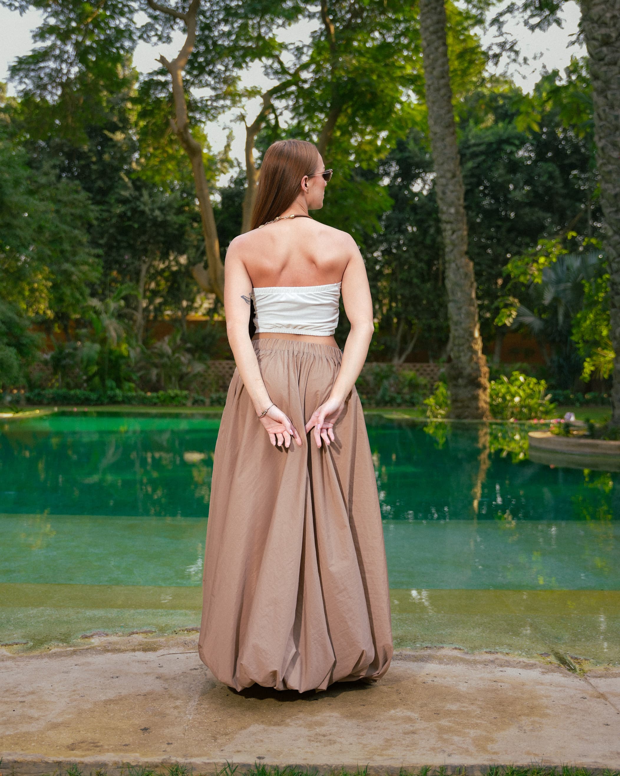 Denim Belted Long Skirt Beige