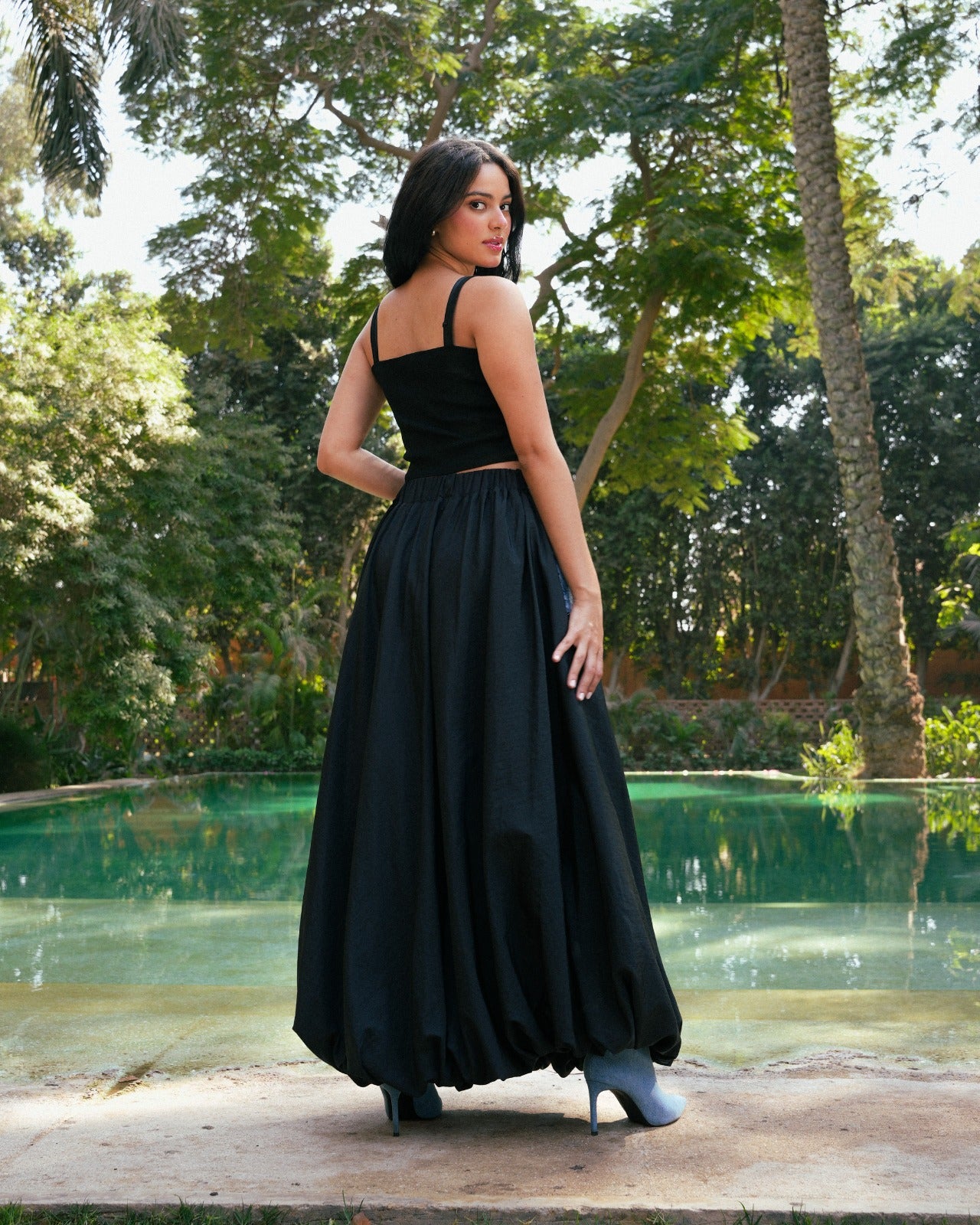 Denim Belted Long Skirt -Black