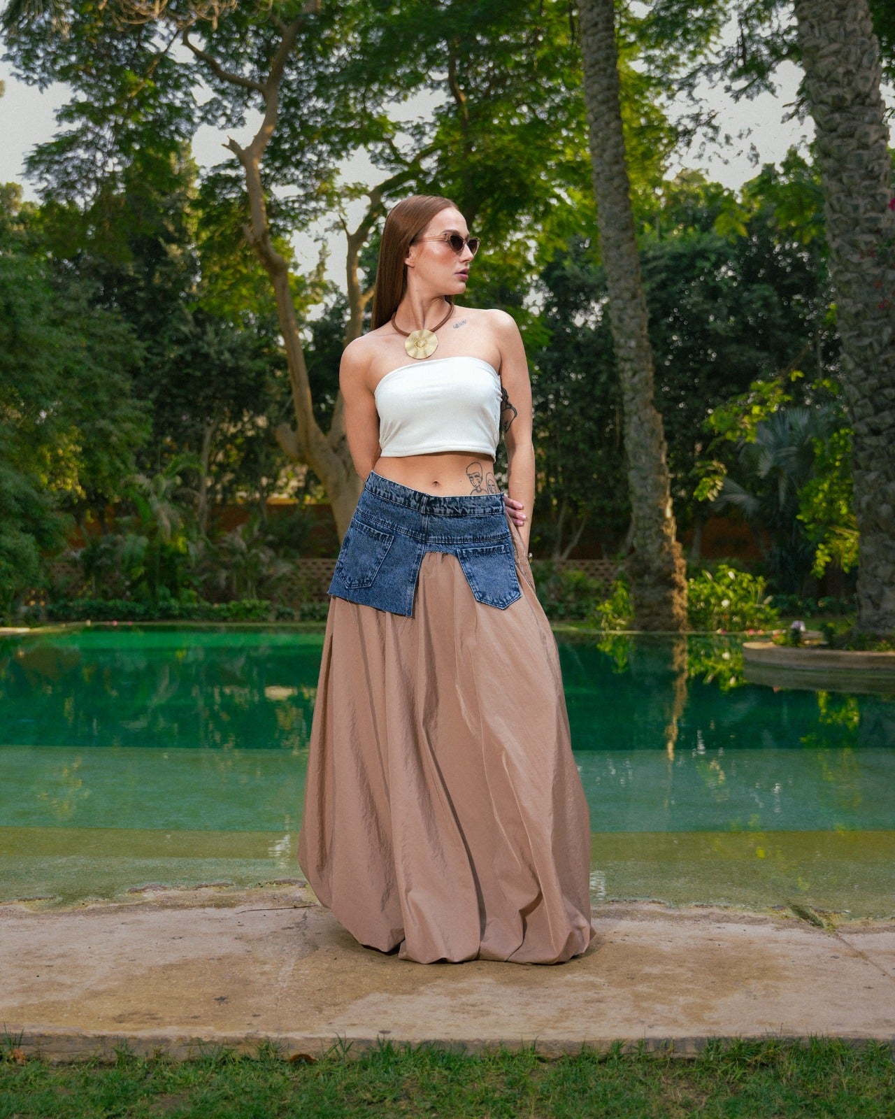 Denim Belted Long Skirt Beige