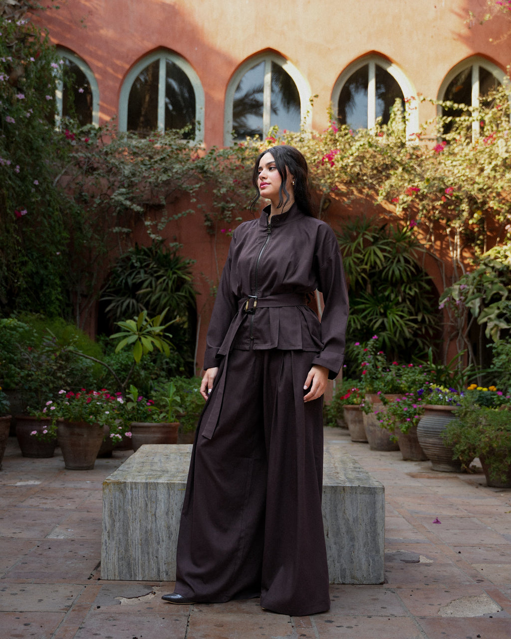 Chic Brown Belted Set