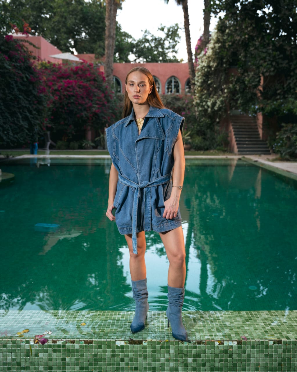 Belted Denim Vest - Blue