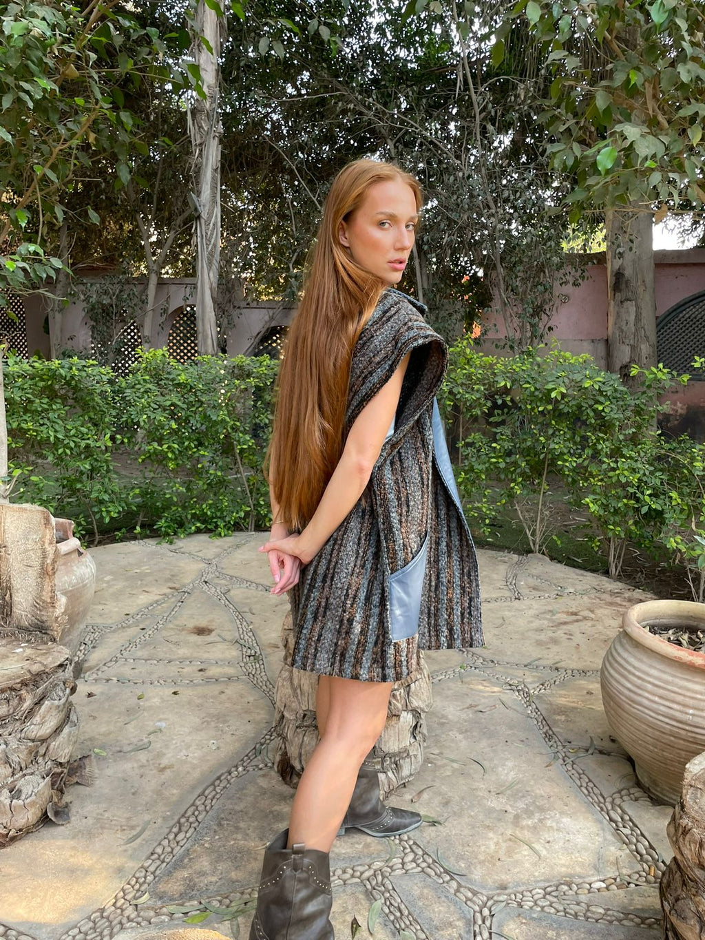 Leather-Trim Wool Vest