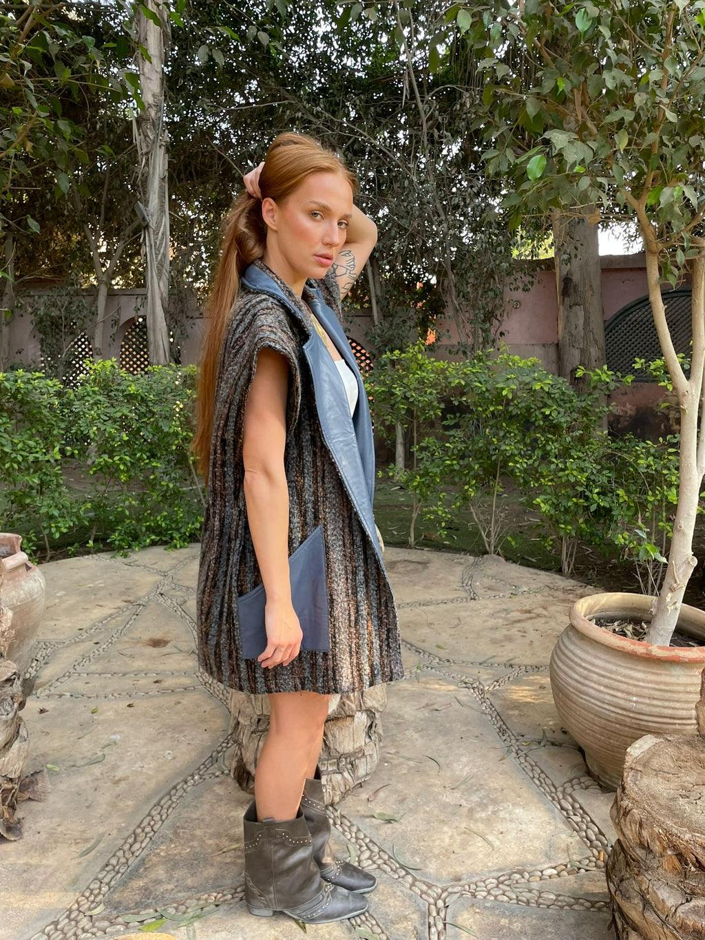 Leather-Trim Wool Vest