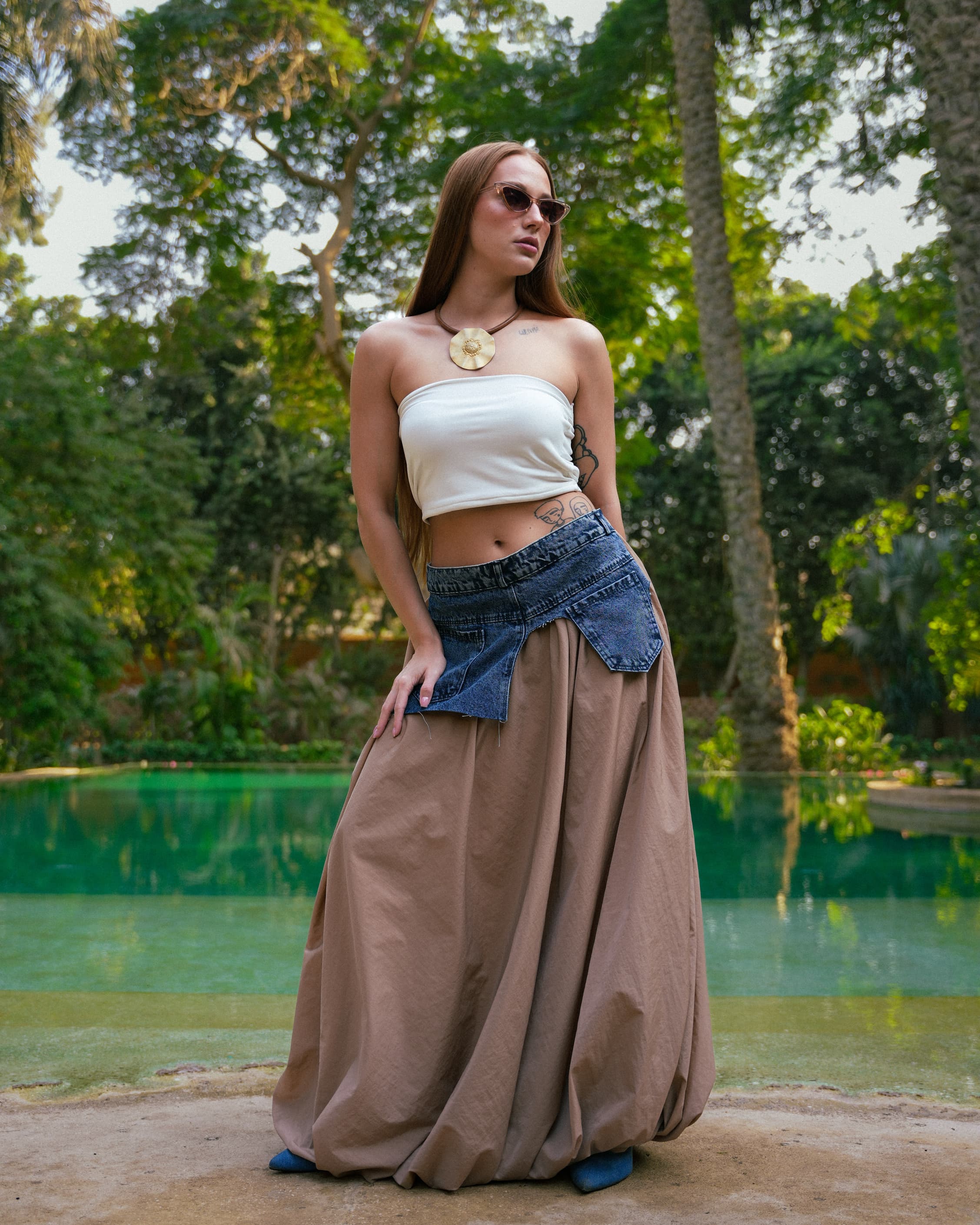 Denim Belted Long Skirt Beige