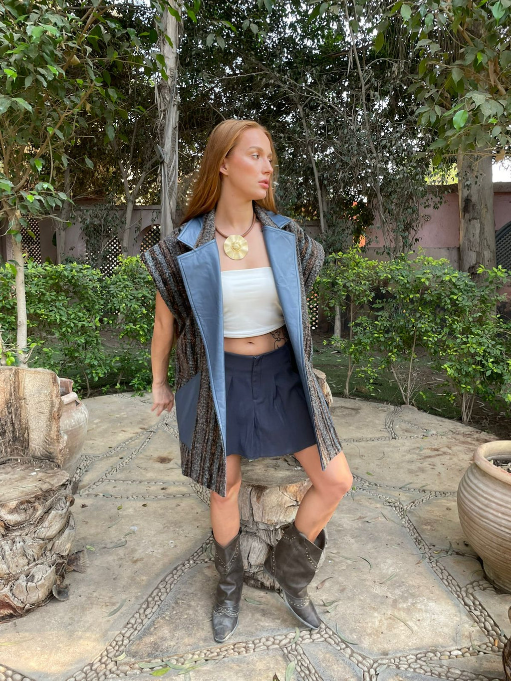 Leather-Trim Wool Vest