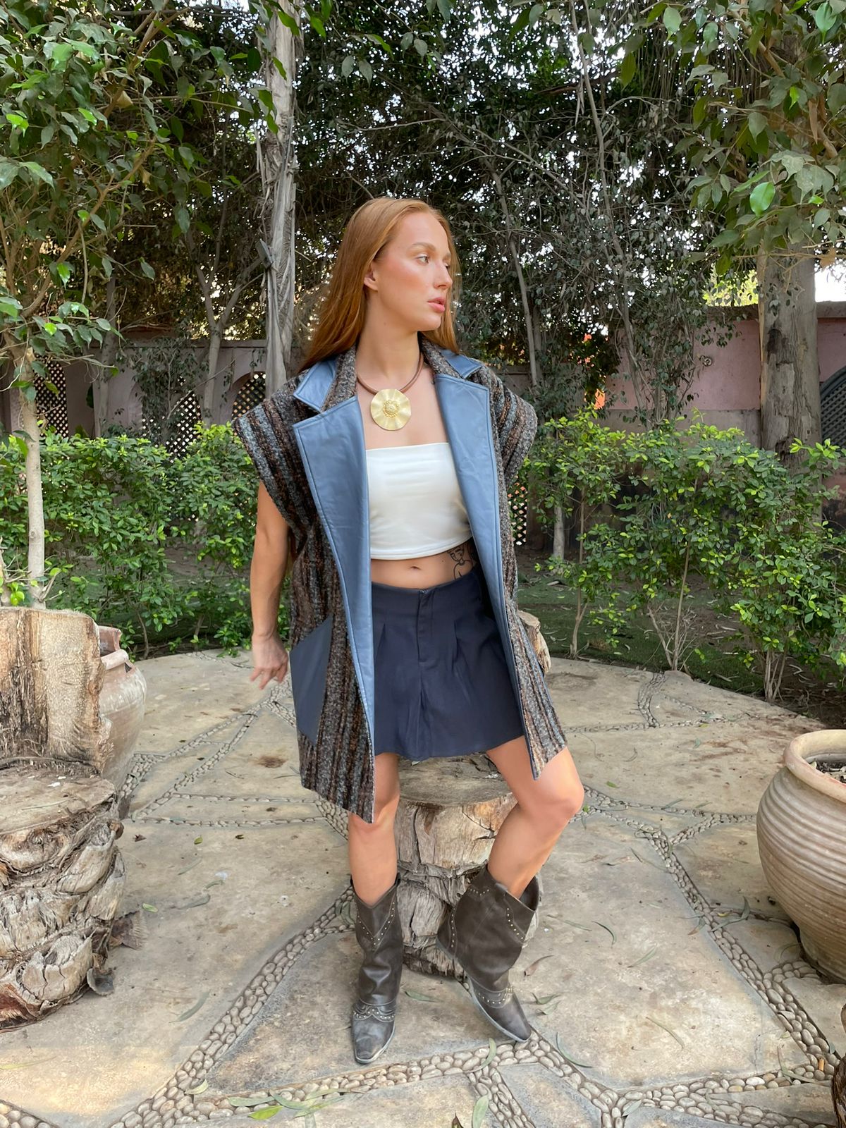 Leather-Trim Wool Vest